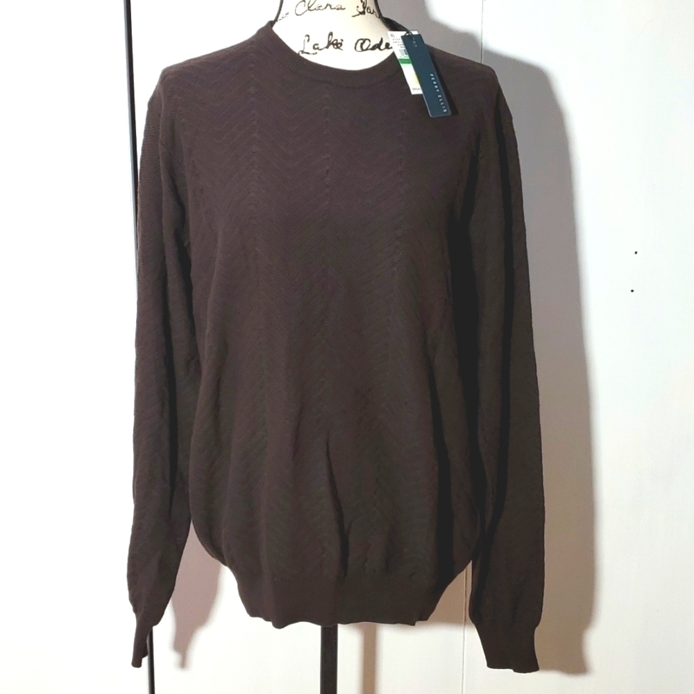 Perry Ellis|Mens Dark Brown Textured Sweater Neutral Preppy Sz.Large